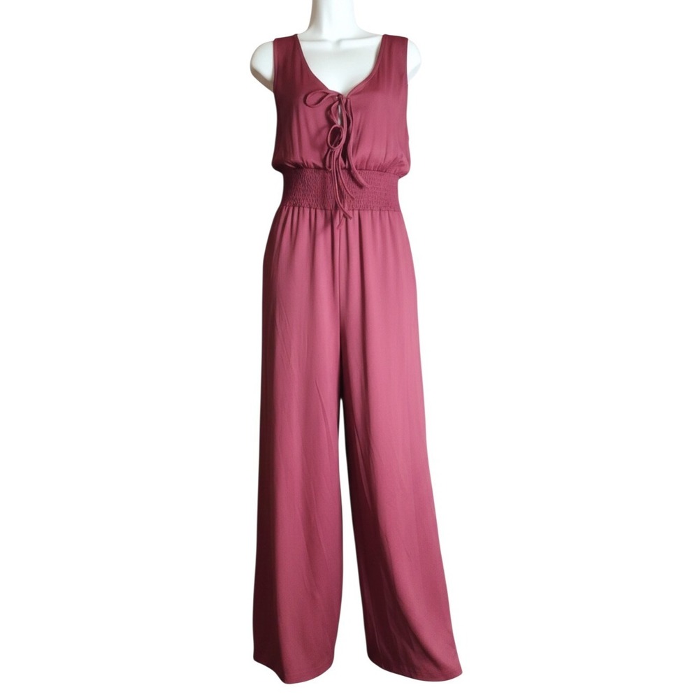 Womens Burgundy Smocked Waist Wide Leg Jumpsuit Sleeveless Pockets Front Tie XL